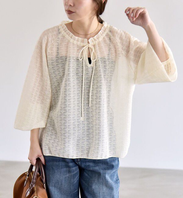 quaranciel「quaranciel:〈手洗い可能〉レース ジャカード ギャザー リボン プルオーバー」|シャツ・ブラウス|