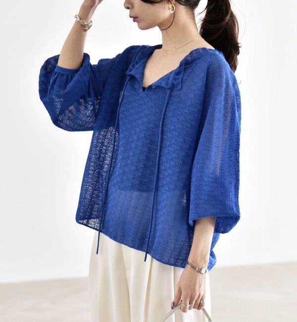 quaranciel「quaranciel:〈手洗い可能〉レース ジャカード ギャザー リボン プルオーバー」|シャツ・ブラウス|