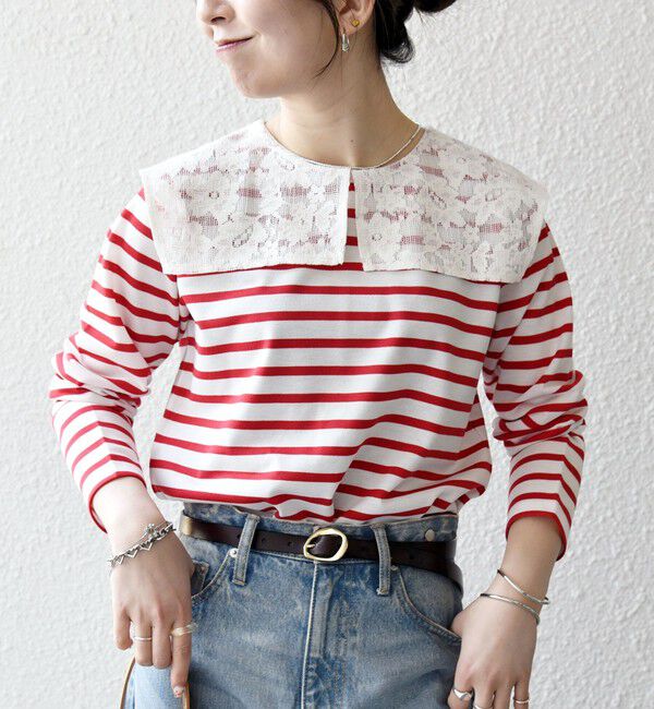 SHIPS any「SHIPS any:〈洗濯機可能〉マリンボーダー レース 襟 プルオーバー」|Tシャツ・カットソー|