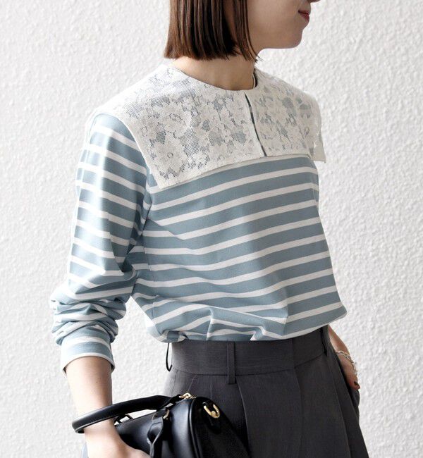 SHIPS any「SHIPS any:〈洗濯機可能〉マリンボーダー レース 襟 プルオーバー」|Tシャツ・カットソー|