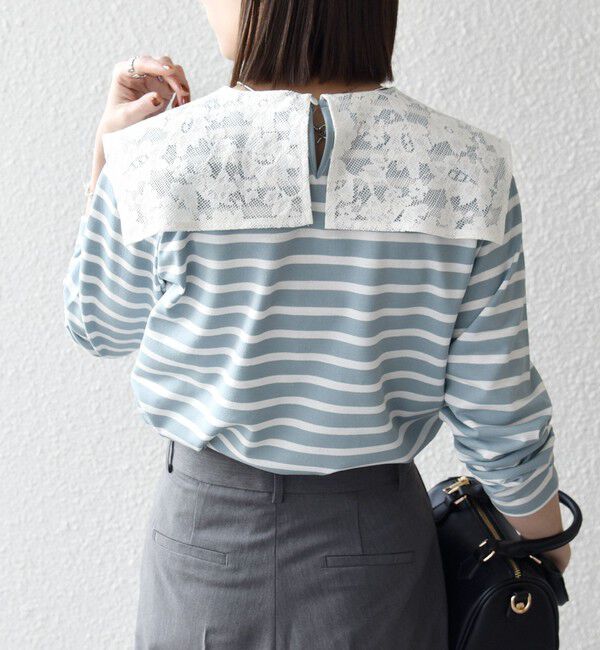 SHIPS any「SHIPS any:〈洗濯機可能〉マリンボーダー レース 襟 プルオーバー」|Tシャツ・カットソー|