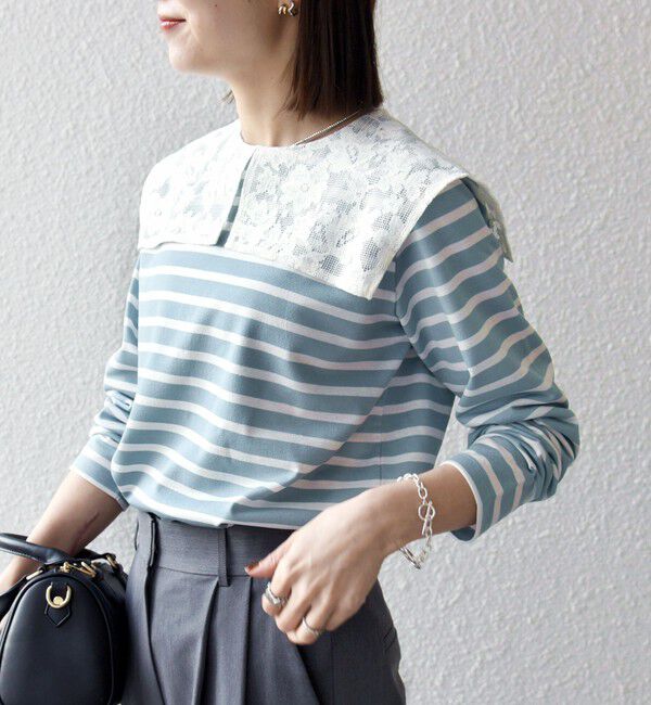 SHIPS any「SHIPS any:〈洗濯機可能〉マリンボーダー レース 襟 プルオーバー」|Tシャツ・カットソー|