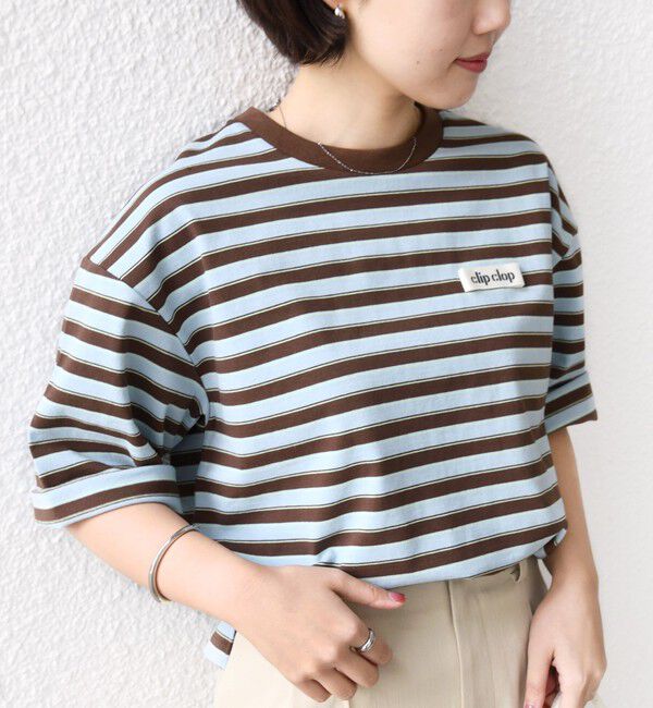 SHIPS for women「【WEB限定】マルチ ボーダー 5分袖 TEE」|Tシャツ・カットソー|ブラウン