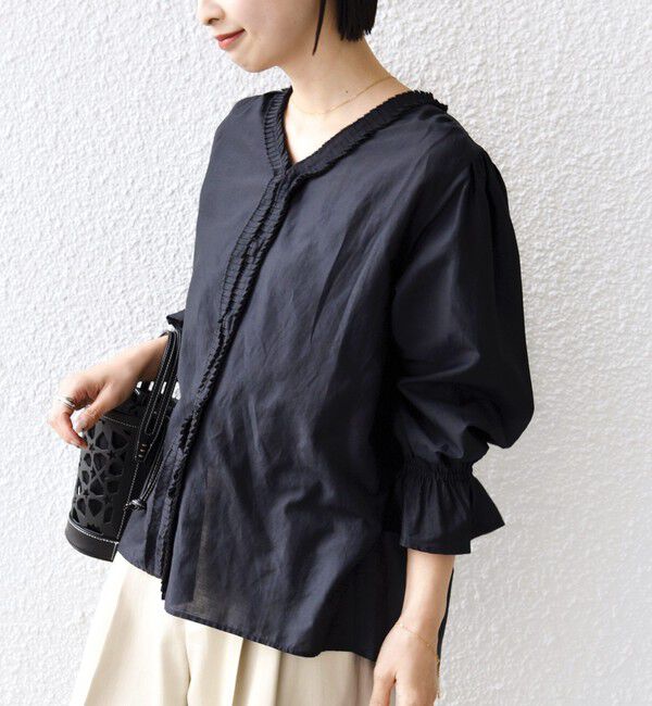 SHIPS for women「〈手洗い可能〉綿 シルク Vネック フリル タック ブラウス」|シャツ・ブラウス|