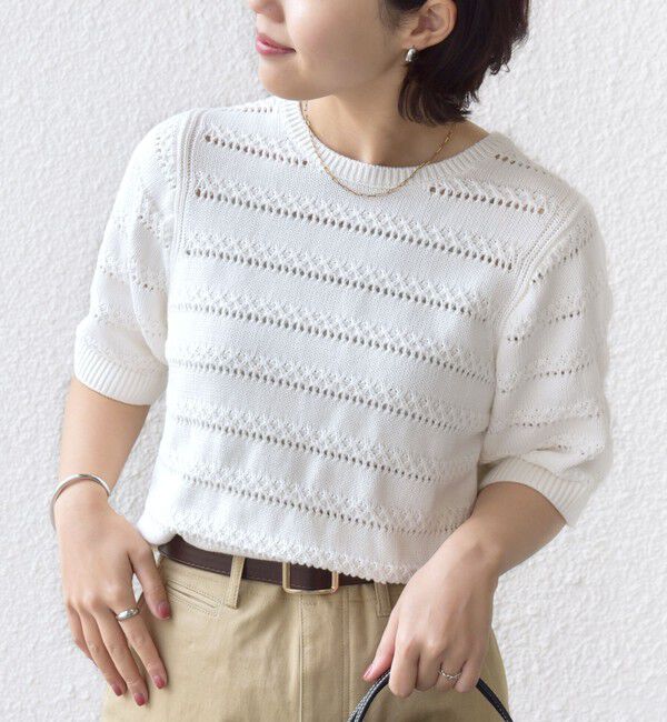 SHIPS for women「〈手洗い可能〉コットン レース柄 ショート スリーブ プルオーバー」|ニット・セーター|ホワイト