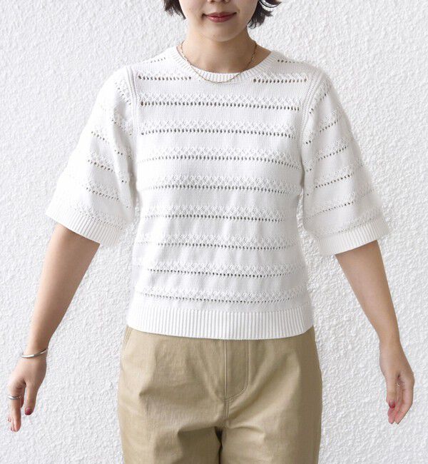 SHIPS for women「〈手洗い可能〉コットン レース柄 ショート スリーブ プルオーバー」|ニット・セーター|