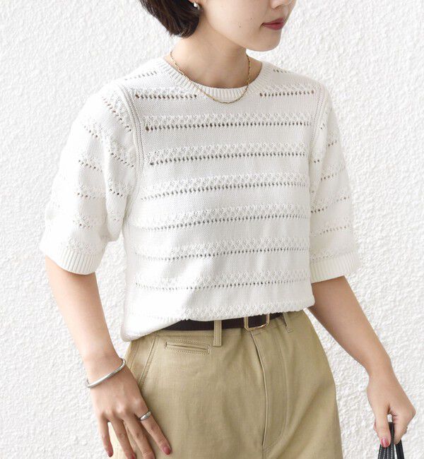 SHIPS for women「〈手洗い可能〉コットン レース柄 ショート スリーブ プルオーバー」|ニット・セーター|