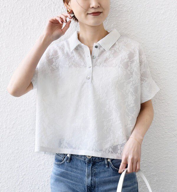 SHIPS for women「《予約》【WEB限定】〈手洗い可能〉シアー ジャカード ポロ 襟 ショート スリーブ プルオーバー」|ポロシャツ|オフホワイト