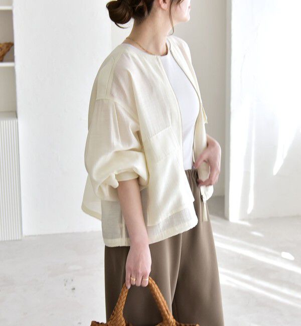 quaranciel「《予約》quaranciel:〈手洗い可能〉リネン ミックス ノーカラー ドロスト ブルゾン」|ブルゾン・スタジャン|