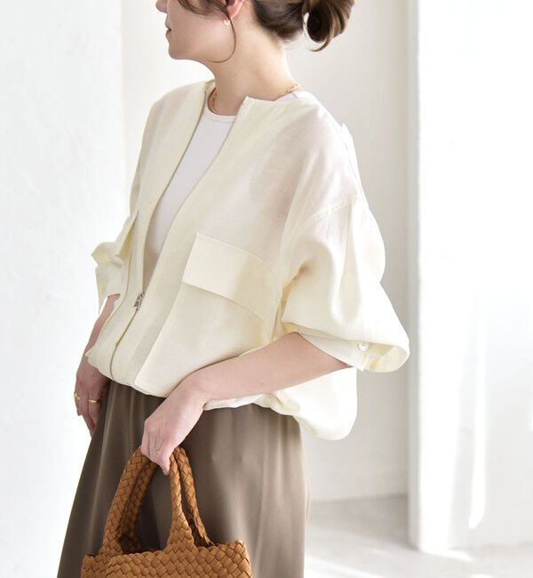 quaranciel「《予約》quaranciel:〈手洗い可能〉リネン ミックス ノーカラー ドロスト ブルゾン」|ブルゾン・スタジャン|