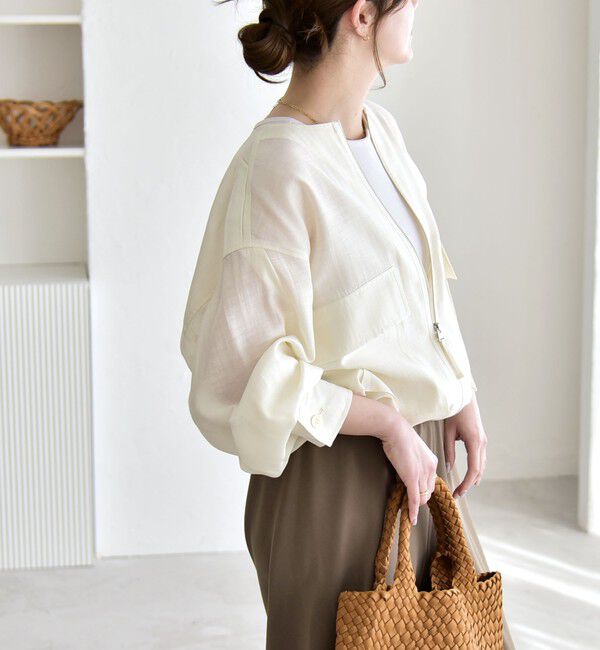 quaranciel「《予約》quaranciel:〈手洗い可能〉リネン ミックス ノーカラー ドロスト ブルゾン」|ブルゾン・スタジャン|