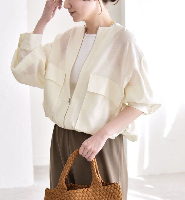 quaranciel「《予約》quaranciel:〈手洗い可能〉リネン ミックス ノーカラー ドロスト ブルゾン」|ブルゾン・スタジャン|