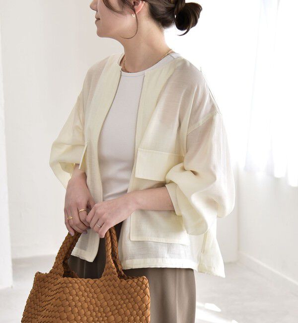 quaranciel「《予約》quaranciel:〈手洗い可能〉リネン ミックス ノーカラー ドロスト ブルゾン」|ブルゾン・スタジャン|
