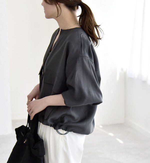 quaranciel「《予約》quaranciel:〈手洗い可能〉リネン ミックス ノーカラー ドロスト ブルゾン」|ブルゾン・スタジャン|