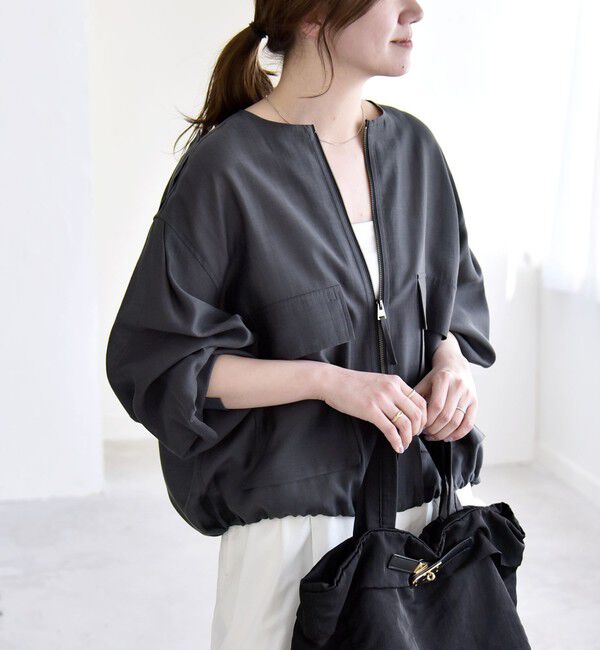 quaranciel「《予約》quaranciel:〈手洗い可能〉リネン ミックス ノーカラー ドロスト ブルゾン」|ブルゾン・スタジャン|