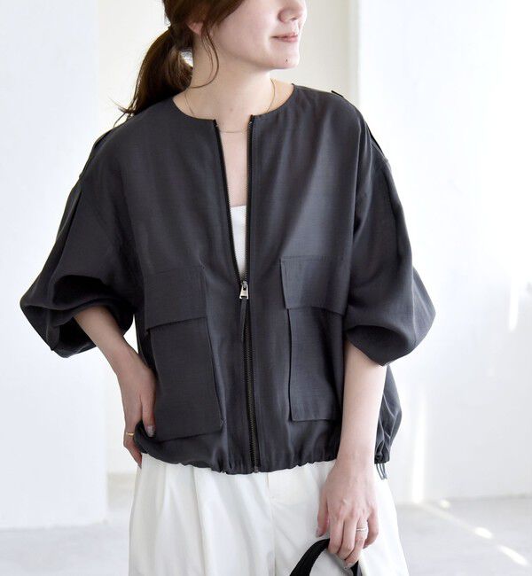 quaranciel「《予約》quaranciel:〈手洗い可能〉リネン ミックス ノーカラー ドロスト ブルゾン」|ブルゾン・スタジャン|
