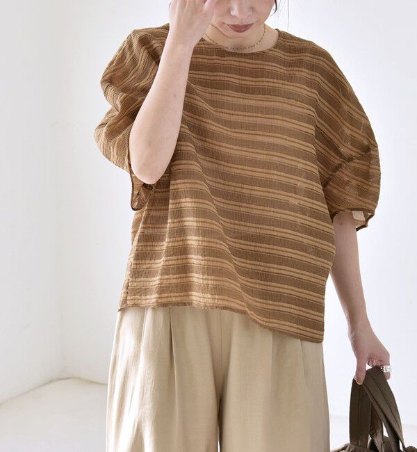 quaranciel「《予約》quaranciel:〈洗濯機可能〉ジャガード ボーダー シアー ブラウス」|シャツ・ブラウス|