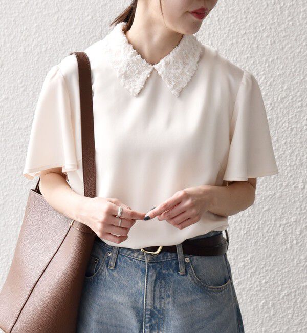 SHIPS any「《予約》SHIPS any:〈洗濯機可能〉サテン レースカラー ショートスリーブ ブラウス」|シャツ・ブラウス|