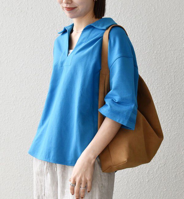 SHIPS any「《予約》SHIPS any:〈洗濯機可能〉インレイ 襟付き スキッパー ハーフスリーブ プルオーバー」|Tシャツ・カットソー|