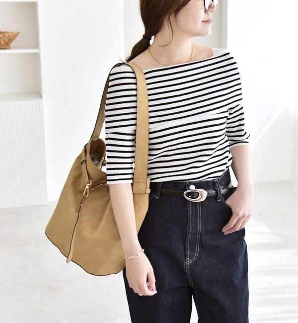 quaranciel「《予約》quaranciel:〈洗濯機可能〉オフショルダー ハーフスリーブ リブ ニット」|ニット・セーター|