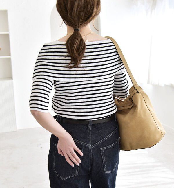 quaranciel「《予約》quaranciel:〈洗濯機可能〉オフショルダー ハーフスリーブ リブ ニット」|ニット・セーター|