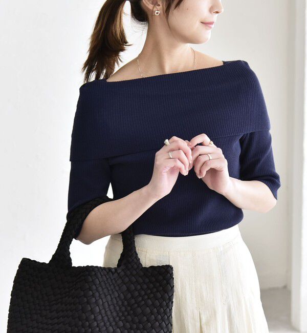 quaranciel「《予約》quaranciel:〈洗濯機可能〉オフショルダー ハーフスリーブ リブ ニット」|ニット・セーター|