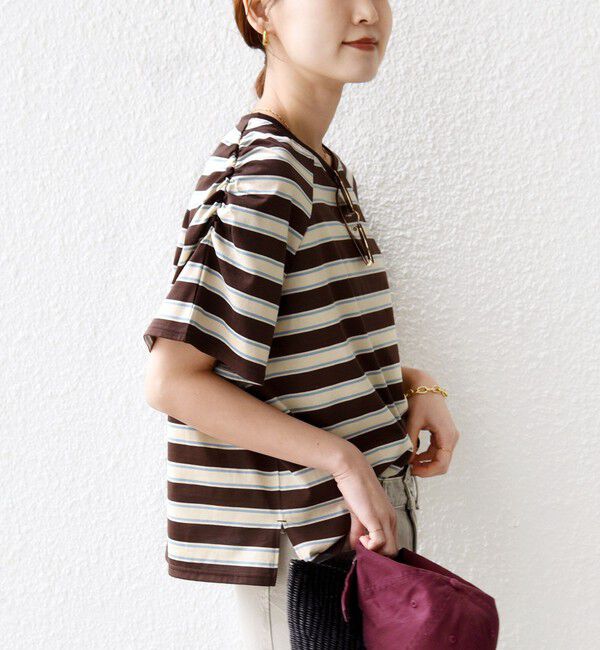 SHIPS for women「《予約》〈手洗い可能〉ボーダー / ソリッド 袖ギャザー ショートスリーブ プルオーバー」|Tシャツ・カットソー|