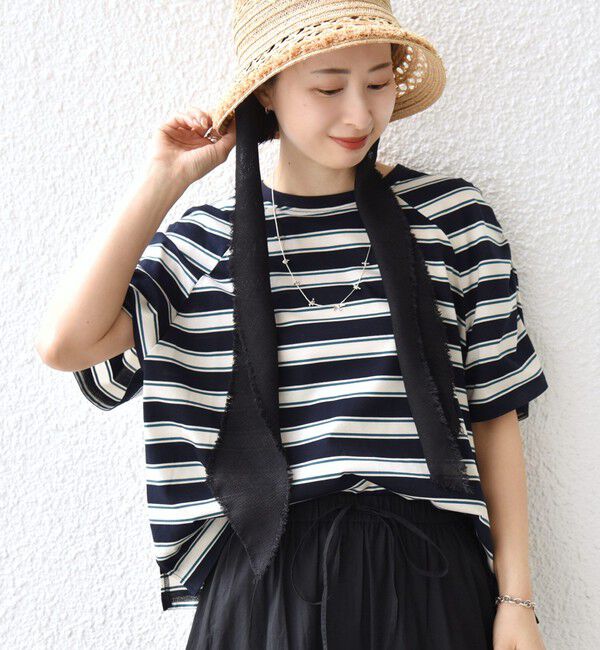 SHIPS for women「《予約》〈手洗い可能〉ボーダー / ソリッド 袖ギャザー ショートスリーブ プルオーバー」|Tシャツ・カットソー|ネイビー