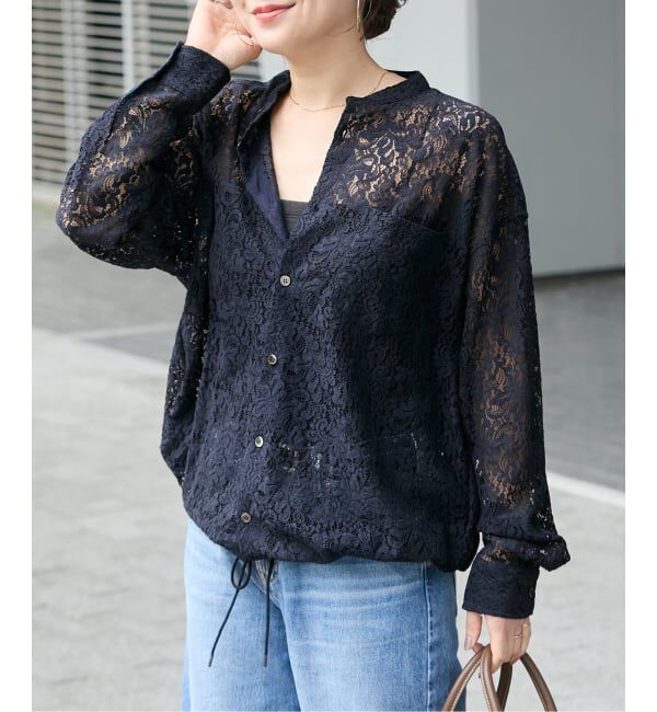 JOURNAL STANDARD「《WEB限定追加予約2》スタンドカラーレースロングスリーブブラウス」|シャツ・ブラウス|ネイビー