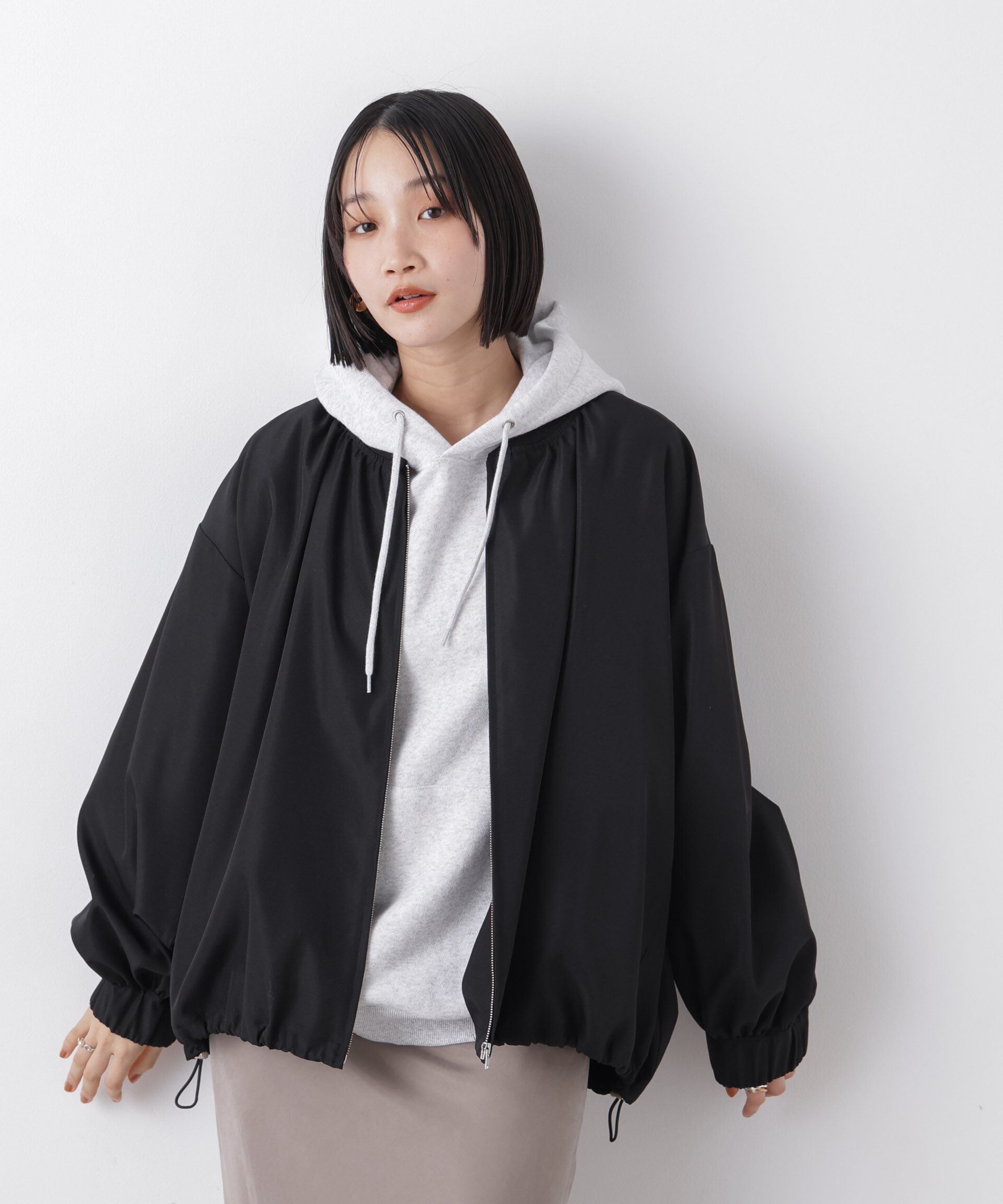 nano･universe「撥水加工 ドロストヘムリブブルゾン」|ブルゾン・スタジャン|ブラック