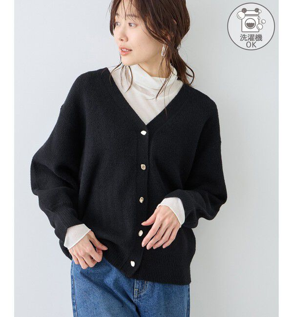 Rope&rsquo;Picnic「【新色追加】スフレニットシリーズ 変形メタルボタンミドル丈カーディガン/イージーケア・リンクコーデ」|カーディガン|ブラック(01)