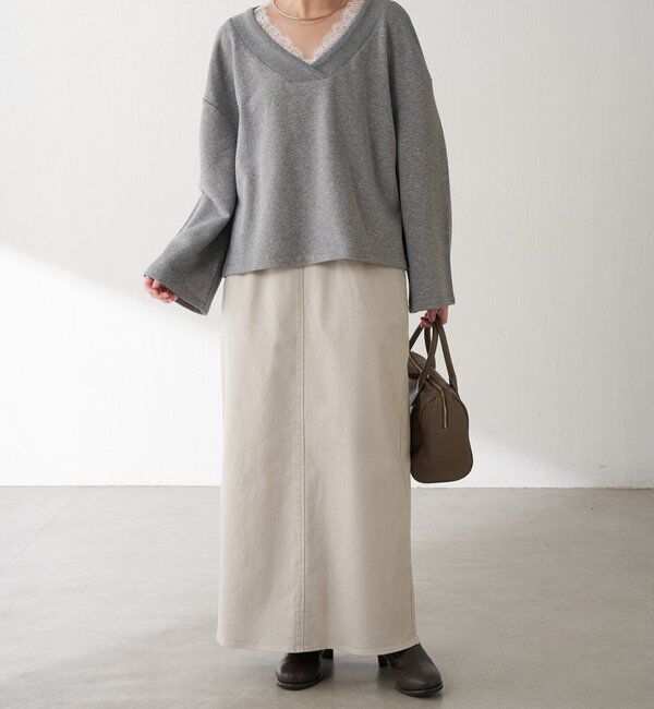  「【上品見え/小顔効果】レース付Vスウェット」|Tシャツ・カットソー|