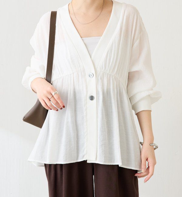  「《1枚で着映える》ギャザー切替シャツカーディガン」|シャツ・ブラウス|