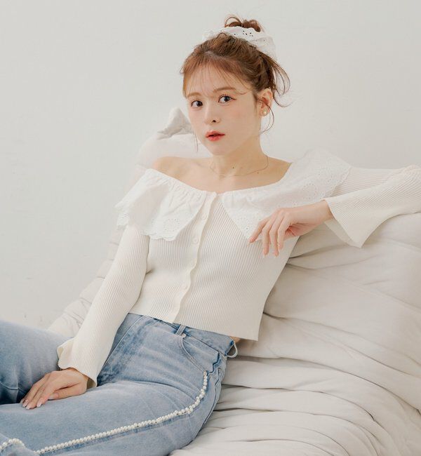  「【SALON by Chico】前後2wayダブルレースフリルオフショルニット」|ニット・セーター|