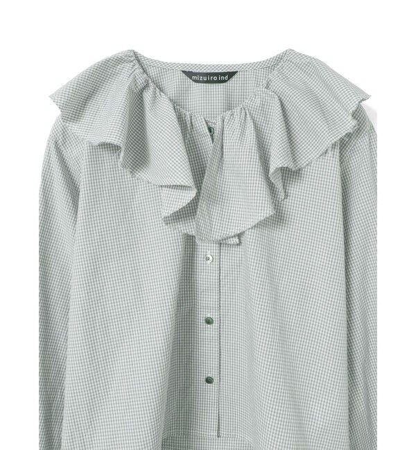 mizuiro ind「mizuiro ind チェックフリルギャザーカラーシャツ」|シャツ・ブラウス|