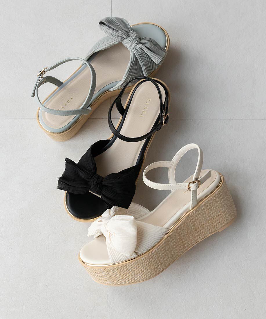  「プリーツリボンデザインウェッジサンダル」|サンダル|