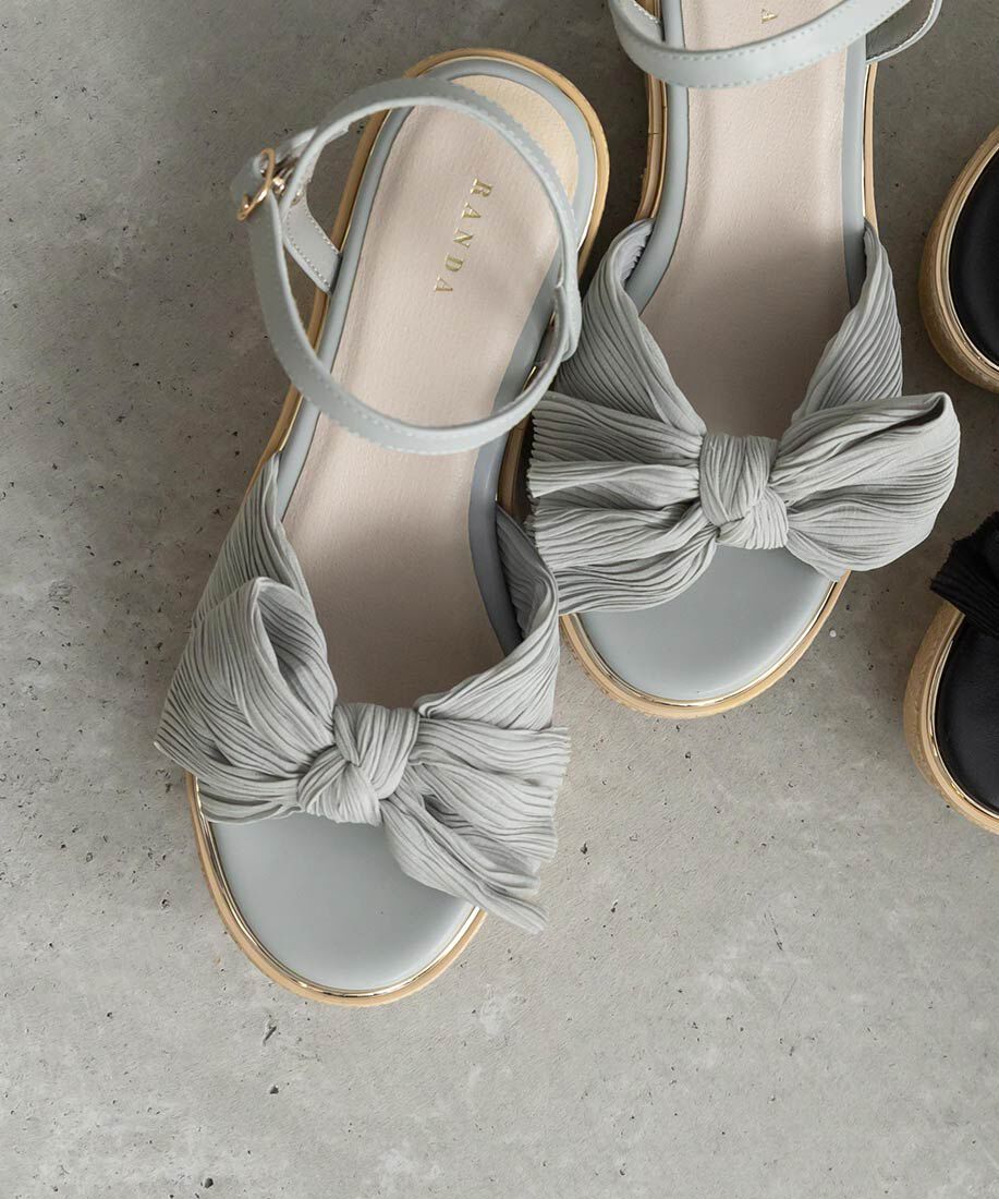  「プリーツリボンデザインウェッジサンダル」|サンダル|