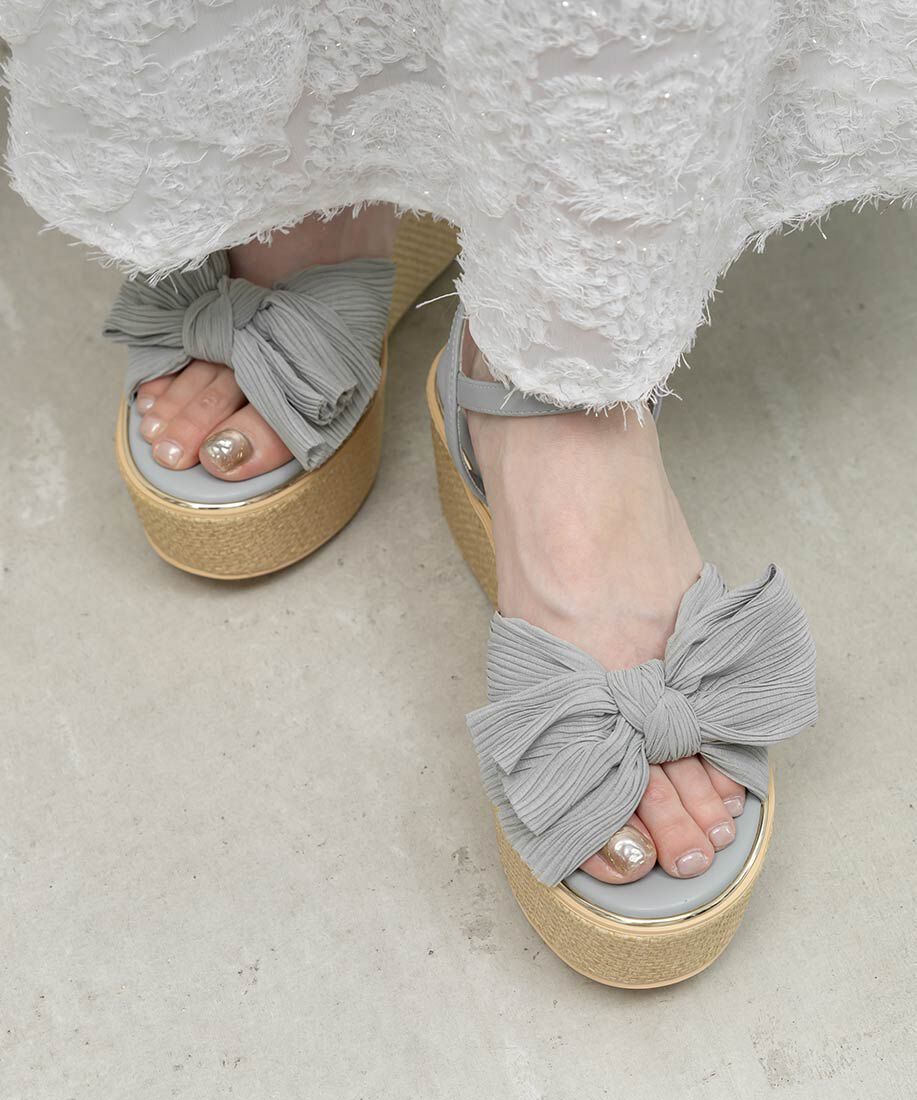  「プリーツリボンデザインウェッジサンダル」|サンダル|