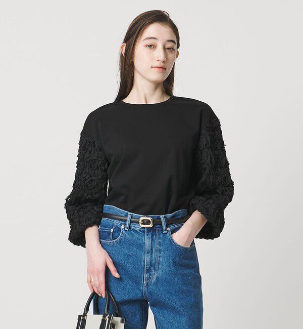UNITED ARROWS「エンブロイダリーフラワー ショルダーコンビ カットソー」|Tシャツ・カットソー|BLACK