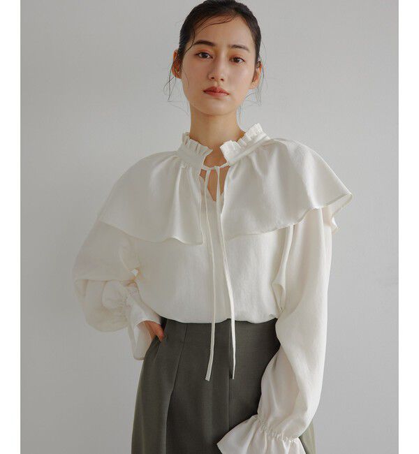 EMMEL REFINES「＜EMMEL REFINES＞EM フィブリルサテン ネックタック フリル ブラウス」|シャツ・ブラウス|WHITE