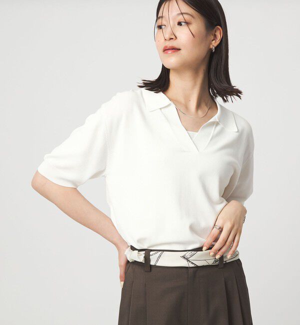 UNITED ARROWS green label relaxing「【WEB限定】＜at ease＞エリツキ スキッパー ニット 接触冷感 UVカット 遮熱」|ニット・セーター|WHITE