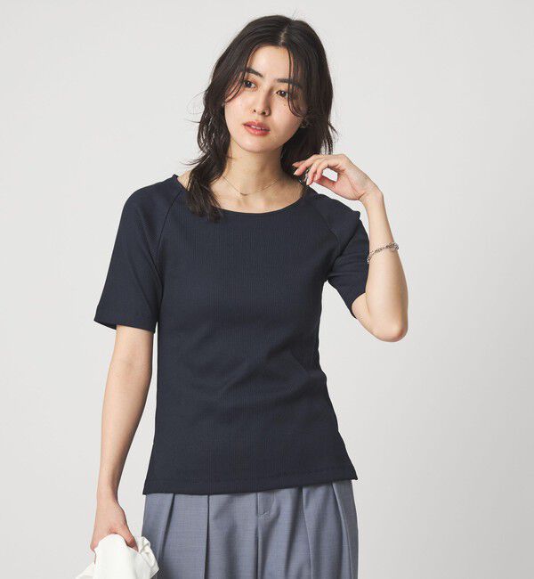 UNITED ARROWS green label relaxing「ブライトリブ ボートネック 5分袖 プルオーバー カットソー」|Tシャツ・カットソー|NAVY