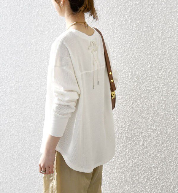 SHIPS any「SHIPS any:〈洗濯機可能〉ワッフル  レースアップ ラウンドヘム プルオーバー」|Tシャツ・カットソー|