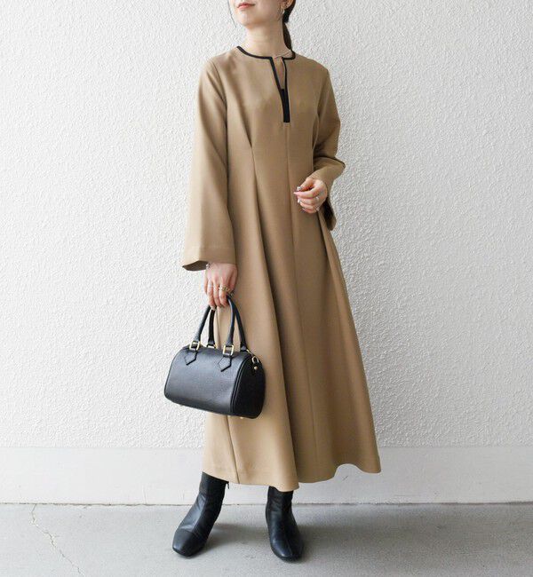 SHIPS any「【WEB限定】SHIPS any: ダブルクロス ウエスト タック Aライン ワンピース ［NAVY BLUE］」|ワンピース|キャメル