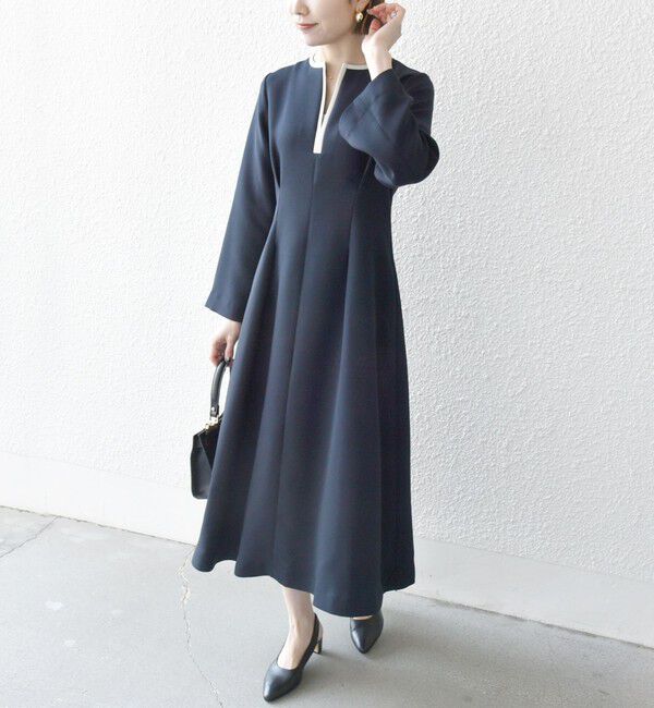 SHIPS any「【WEB限定】SHIPS any: ダブルクロス ウエスト タック Aライン ワンピース ［NAVY BLUE］」|ワンピース|ネイビー