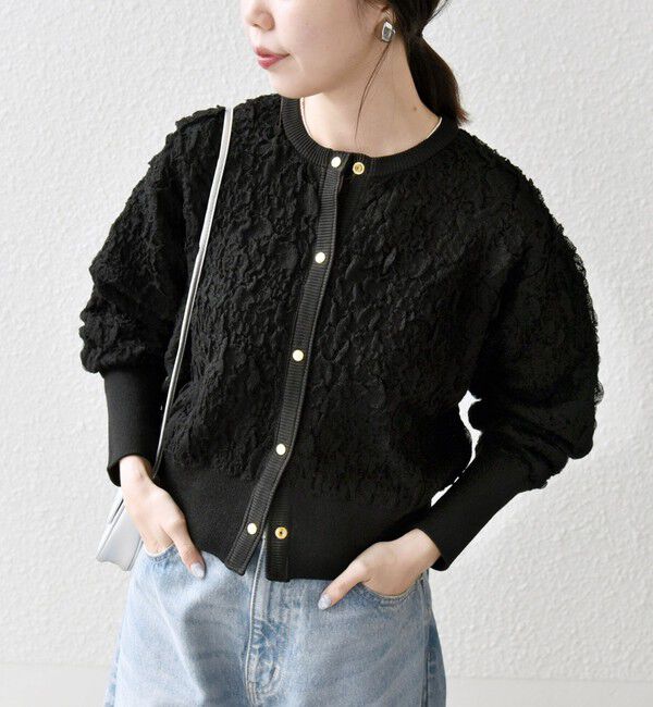 SHIPS any「《一部追加予約》SHIPS any:〈手洗い可能〉ジャカード バンピー コンパクト カーディガン」|カーディガン|ブラック