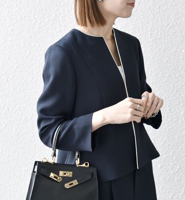 SHIPS any「【WEB限定】SHIPS any:〈洗濯機可能〉ダブルクロス  ペプラム ノーカラー ジャケット［NAVY BLUE］」|ノーカラージャケット|ネイビー