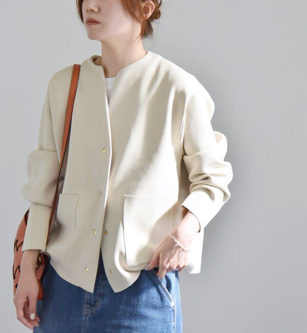 quaranciel「《一部追加予約》quaranciel:〈手洗い可能〉ノーカラー ポケット ニット ジャケット」|ノーカラージャケット|