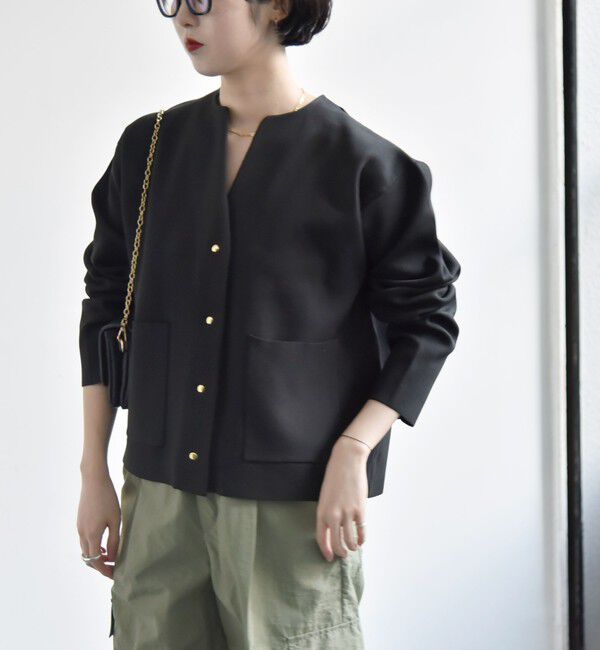 quaranciel「《一部追加予約》quaranciel:〈手洗い可能〉ノーカラー ポケット ニット ジャケット」|ノーカラージャケット|