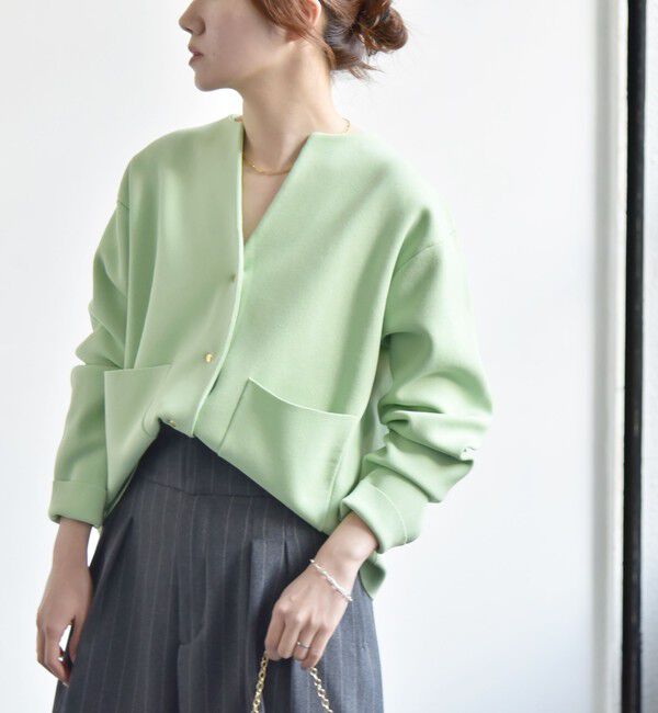 quaranciel「《一部追加予約》quaranciel:〈手洗い可能〉ノーカラー ポケット ニット ジャケット」|ノーカラージャケット|ライトグリーン